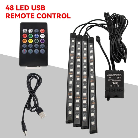 Neonowe Oświetlenie LED do Wnętrza Samochodu RGB z pilotem i USB, idealne do stylizacji wnętrza auta.